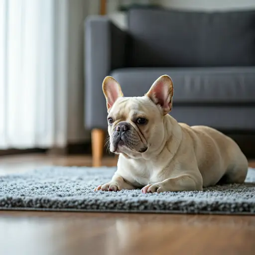Buldog francuski odpoczywający na miękkim dywanie