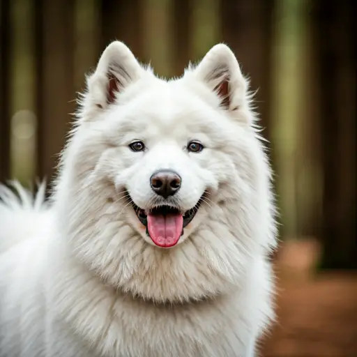Pies rasy samoyed na tle lasu