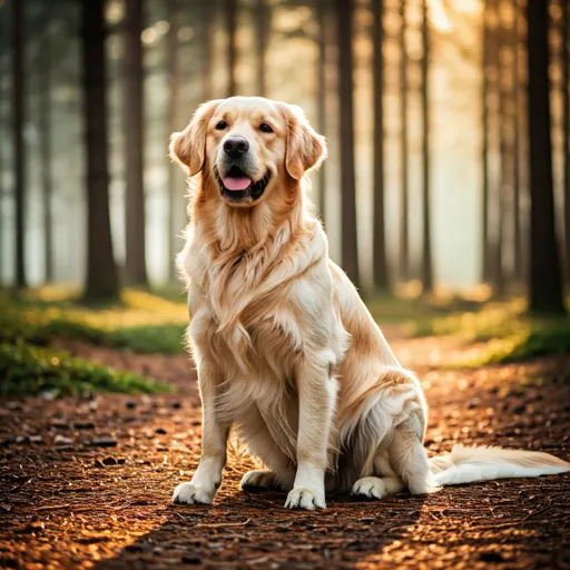 Złoty retriever w słonecznej, mglistej polanie leśnej z wysokimi sosnami w tle